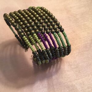 Purple, Green and Brasstone Beaded Cuff Bracelet